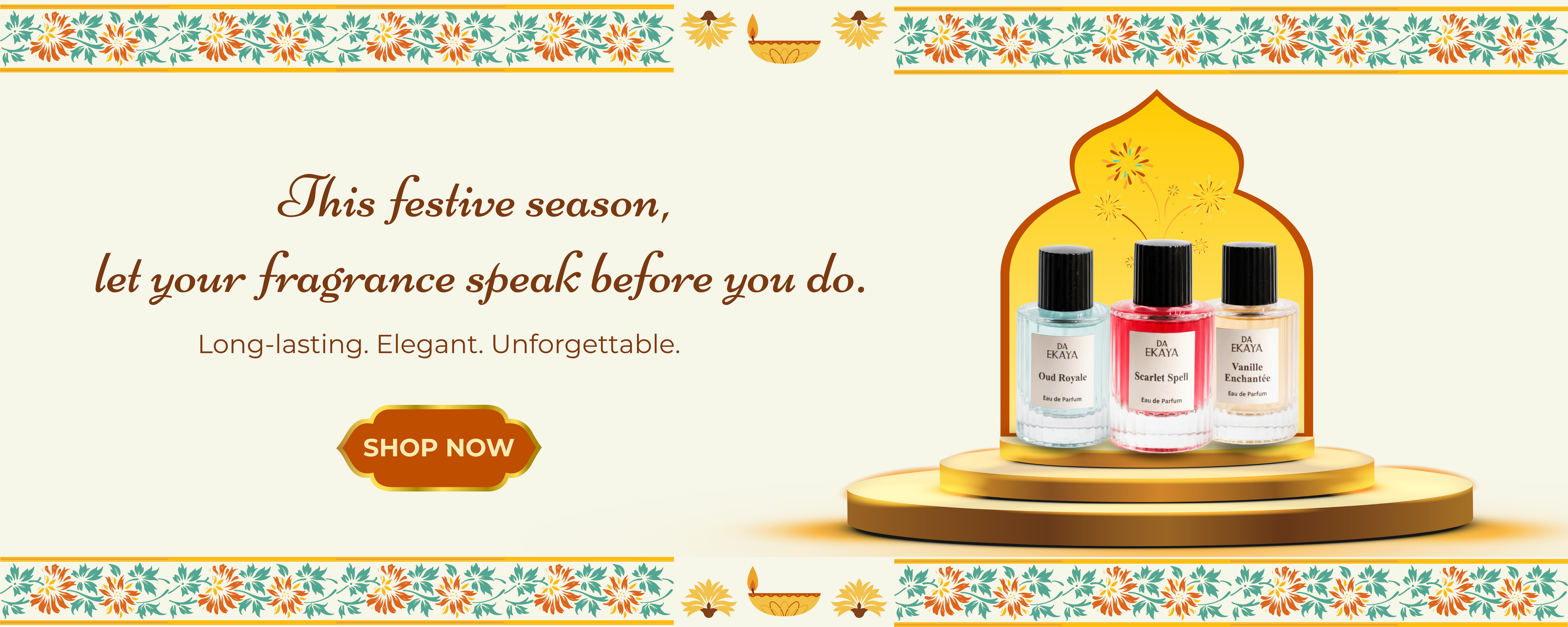 Three small bottles of perfume on a decorative stand with festive text and design elements.